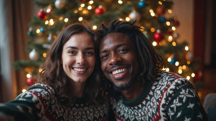 A selfie of a couple in front of a Christmas tree with twinkling lights and baubles.