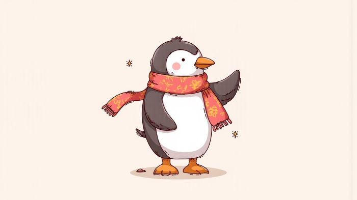 A Christmas-themed cute drawing of a penguin wearing a scarf and waving.