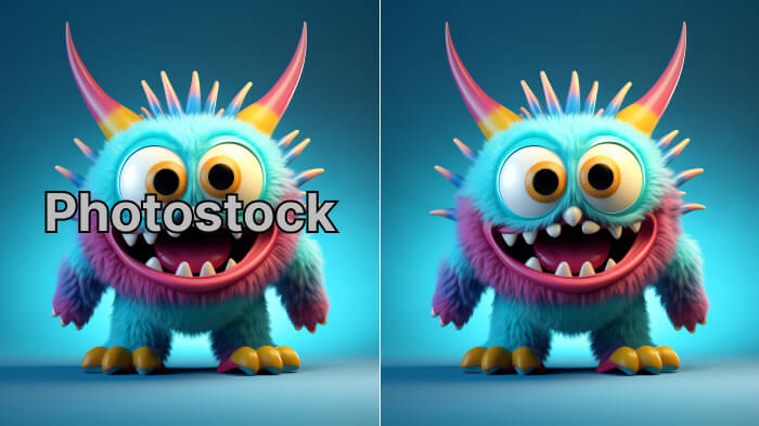 Comparison of two images of a cartoon character. Left, with a center watermark. Right, with the watermark removed.