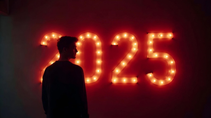 A photo of a man in front of a background featuring 2025 LED lights.