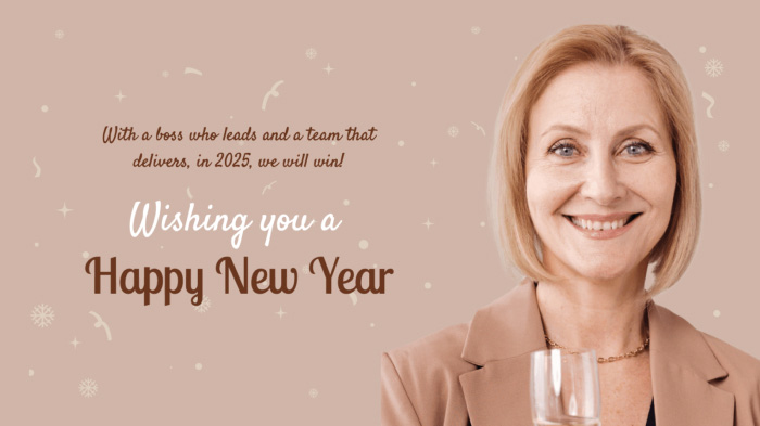 A New Year card design with a woman’s photo cutout, doodled background, and a New Year wish for the boss.