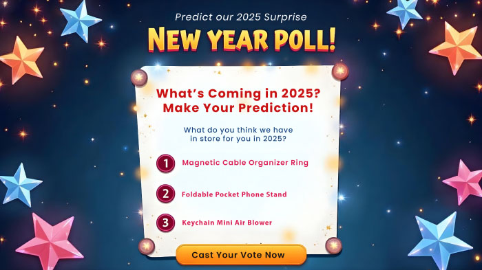 A New Year poll graphic with a question, answer options, and star illustrations in the background.