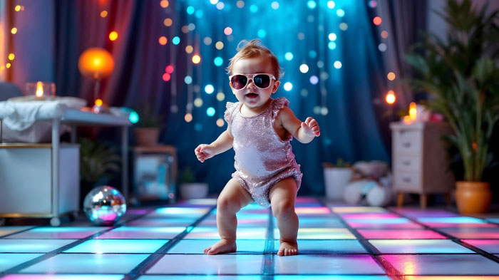 A photo of a baby in a shimmery romper and sunglasses, dancing on the floor with a disco ball. 