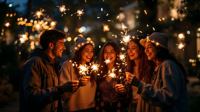 A photo of a friends group holding fireworks sparklers in an outdoor nighttime location with festive decorations. 