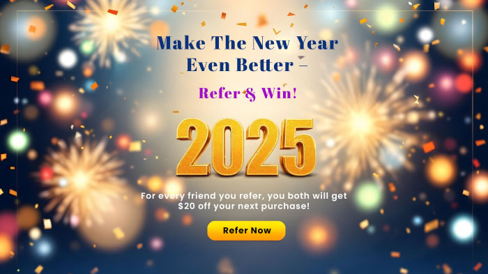 A New Year 2025 refer-and-win offer promo with blurred fireworks and bokeh effect.