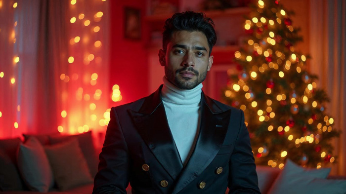 A photo of a man in a double-breasted blazer with satin lapels posing in front of a twinkling Christmas tree indoors.