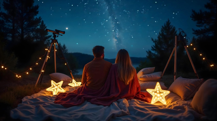 A photo of a couple in a cozy setup under a starry night sky.