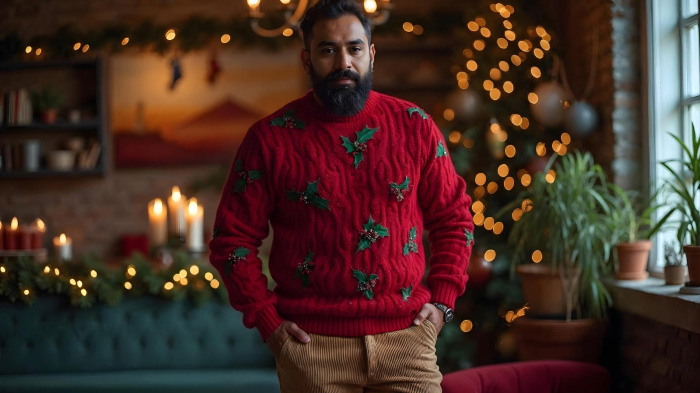 A photo of a man in Christmas attire featuring a chunky knit sweater with corduroy pants.