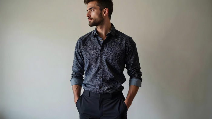 A photo of a man in an outfit featuring a geometric print shirt with trousers in a navy blue shade.