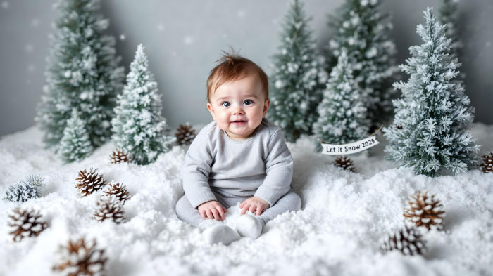 A photo of a baby in a winter wonderland set-up, along with a small banner in the background that reads, "Let it Snow 2025." 