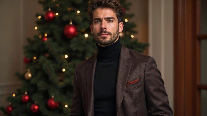 A photo of a man dressed in a turtleneck under a relaxed blazer in front of a Christmas tree with baubles.