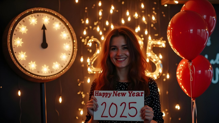 A photo of a woman in front of a decorated New Year’s countdown photo booth, holding a “Happy New Year” sign.