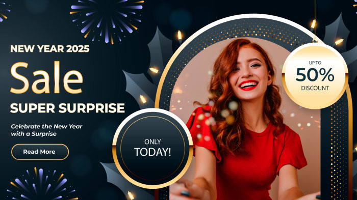 A vibrant New Year surprise and discount marketing graphic with a woman’s photo and fireworks illustrations.