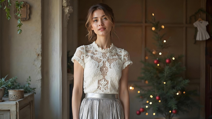 A photo of a woman wearing a white lace top with a silver pleated skirt in an indoor Christmassy setting.