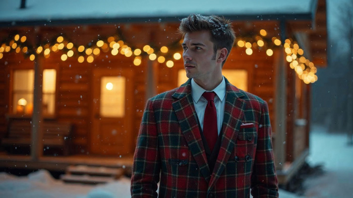 A photo of a man dressed in a plaid suit with a red tie in front of a snowy wooden cabin.