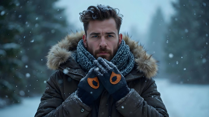 A photo of a man in a parka coat with a wool scarf and leather gloves in an outdoor snowy scene.