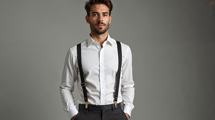 A photo of a man in an outfit featuring a crisp white shirt, along with suspenders and trousers. 