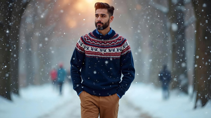 A photo of a man in a cashmere sweater and wool trousers in an outdoor snowfall scene.