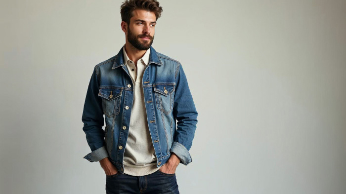 A photo of a man in an outfit featuring a light-colored shirt, denim jacket, along with dark-wash jeans.