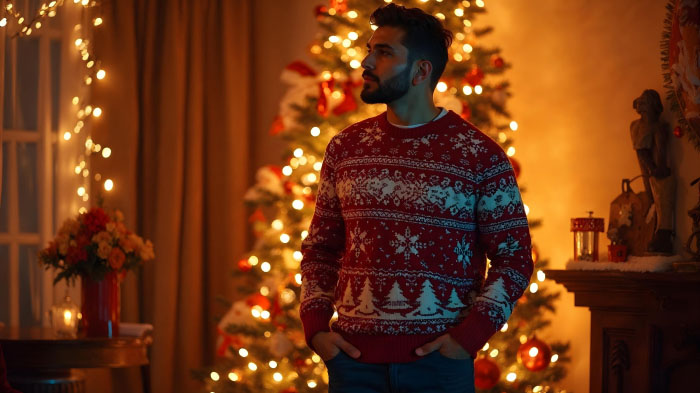 A photo of a man in a sweater with the snowflakes graphic and dark jeans in a cozy, Christmassy indoor setting.