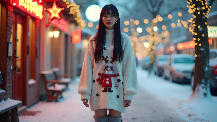 A photo of a woman in a Christmas sweater dress and over-the-knee boots in an outdoor snowy scene.