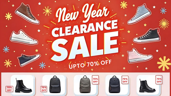 An advertisement of New Year’s clearance sale with up to 70% discount on shoes and bags.