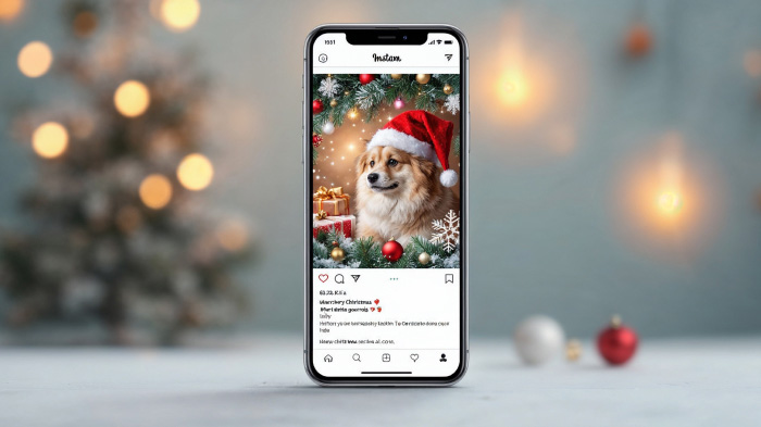 A screenshot-style mockup of a Christmas card being posted on platforms like Instagram or Facebook, with festive hashtags