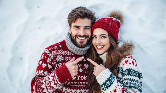 A couple wearing matching ugly Christmas sweaters posing joyfully in a snowy backdrop with festive lights and decor.