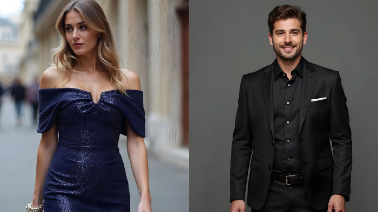 A collage of a photo of a woman in an off-shoulder glitter dress and a photo of a man in an all-black formal outfit.