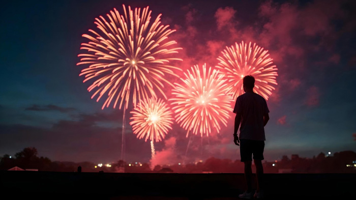 A silhouette of a person at the rooftop against a sky full of fireworks bursts and sparkles. 