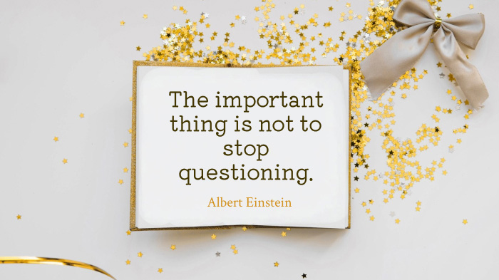 An image featuring scattered tiny golden stars and a bow, along with a quote about opportunities by Albert Einstein.