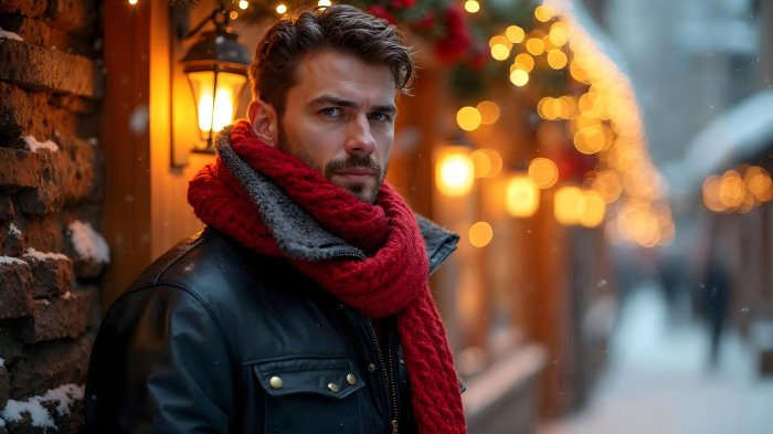 A photo of a man in Christmas clothing featuring a leather jacket paired with a bright red scarf.