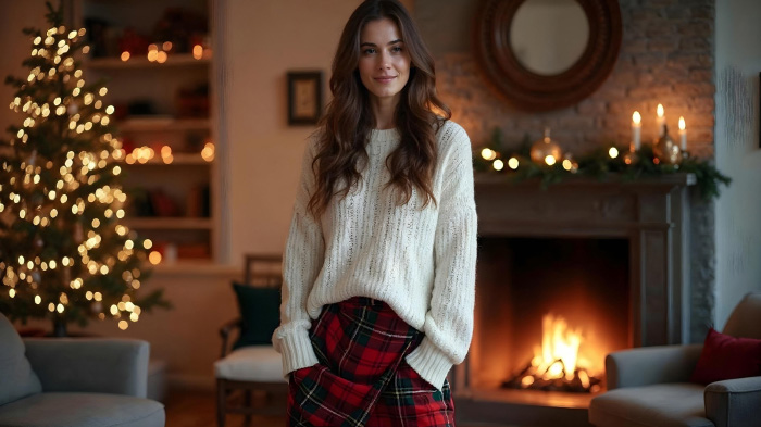 A photo of a woman in a plaid wrap skirt with chunky knit sweater in a cozy indoor Christmas decor setting.