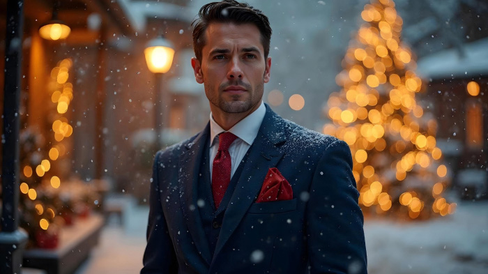 A photo of a man in a navy-colored suit with a red pocket square in an outdoor snowfall scene.