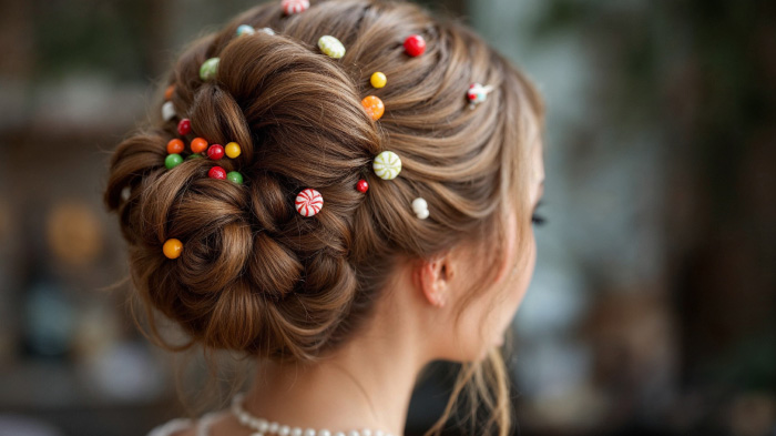 A creative Christmas hairstyle for women featuring a big braided bun with different cute candy clips. 