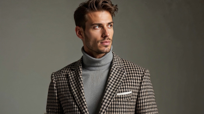 A photo of a man in an outfit featuring a textured blazer paired with a turtleneck in a soft, neutral gray tone.