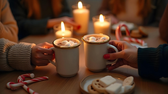 A photo of people with their hot cocoa mugs, along with candles, marshmallows, and festive treats like cookies on the table.