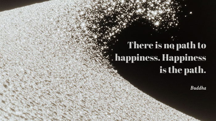 An image with silver glitter and a quote about happiness by Buddha.