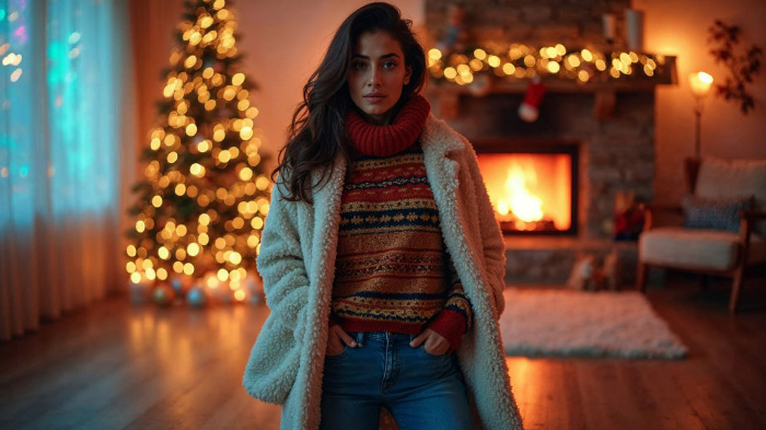 A photo of a woman wearing a teddy coat with jeans posing in front of a twinkling Christmas tree and a fireplace.