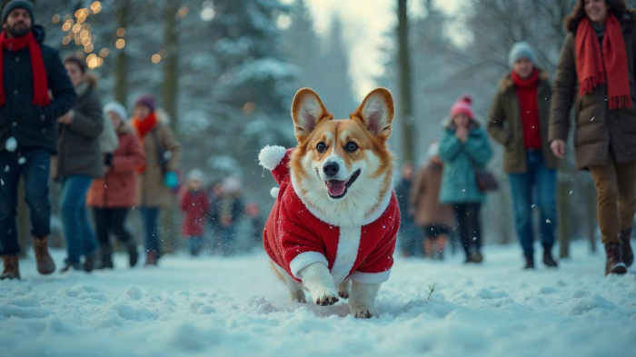 A funny photo of a dog dressed in the Santa costume running on snow. 