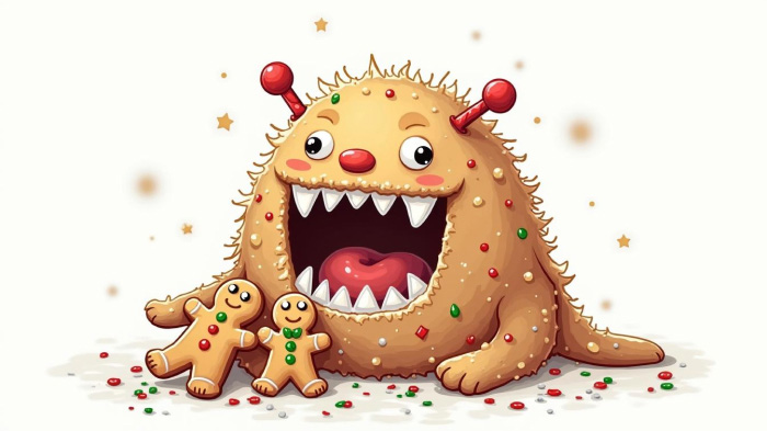 A funny Christmas-themed cartoon of a giant gingerbread creature eating two gingerbread men. 