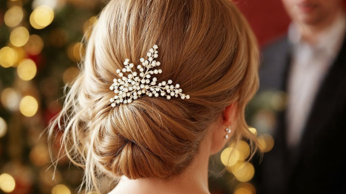 A Christmas dinner hairstyle for women featuring a low bun and a beautiful clip. 