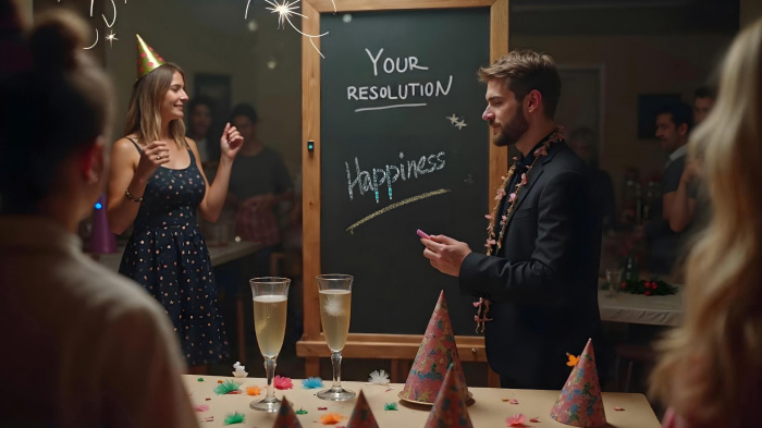 A photo of a woman and a man about to write his New Year resolution on a resolution chalkboard