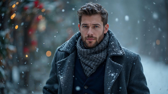 A photo of a man in a charcoal gray wool coat layered over a sweater vest in an outdoor snowy scene.