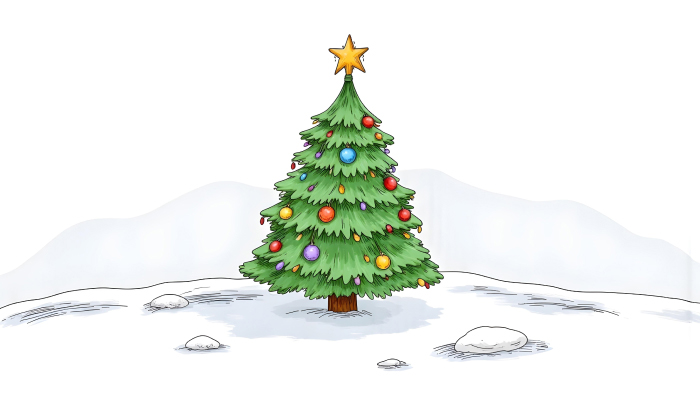 A drawing of a Christmas tree decorated with baubles and a star on top in a snowy landscape.