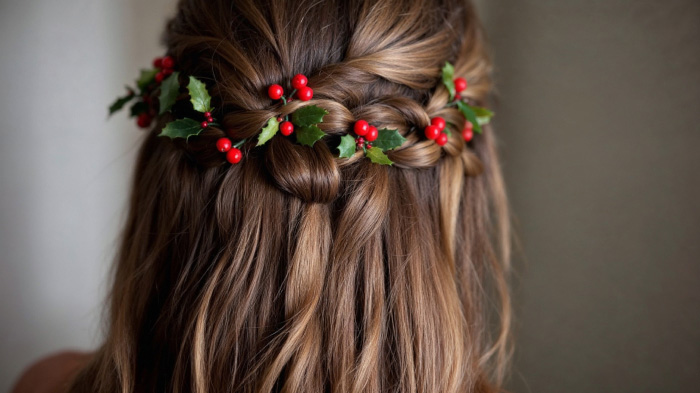 A women’s long hair Christmas hairstyle featuring a string of holly leaves and drupes in a braid crown. 