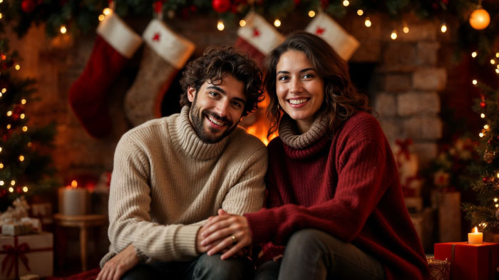 A couple sitting by a roaring fireplace with stockings hung above it dressed in cozy sweaters smiling warmly at each other.