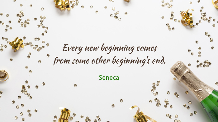 An party-themed image featuring a champagne and a New Year quote about change by Seneca.