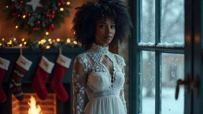 A photo of a woman in a white long-sleeve lace dress posing near a snowy window and cozy fireplace.