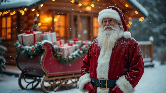 A photo of a man dressed as Santa Claus in front of a sleigh and snowy wooden cabin outdoors.